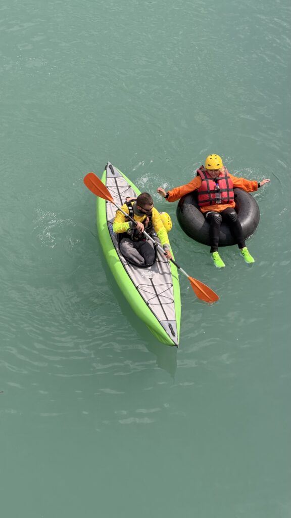 Tubing on the Vjosa near Përmet with a local guide in a kayak